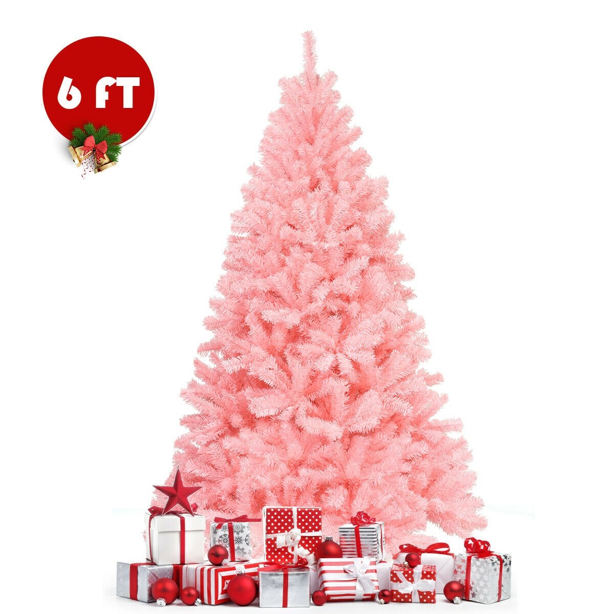 6 Feet Pink Artificial Hinged Spruce Full Christmas Tree with Foldable Metal Stand view 7