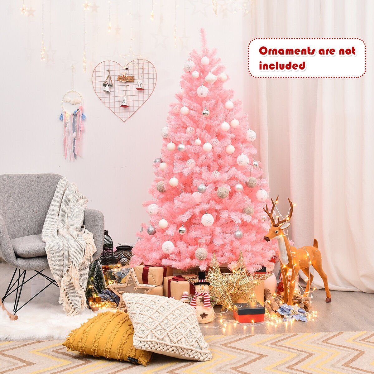 6 Feet Pink Artificial Hinged Spruce Full Christmas Tree with Foldable Metal Stand view 8