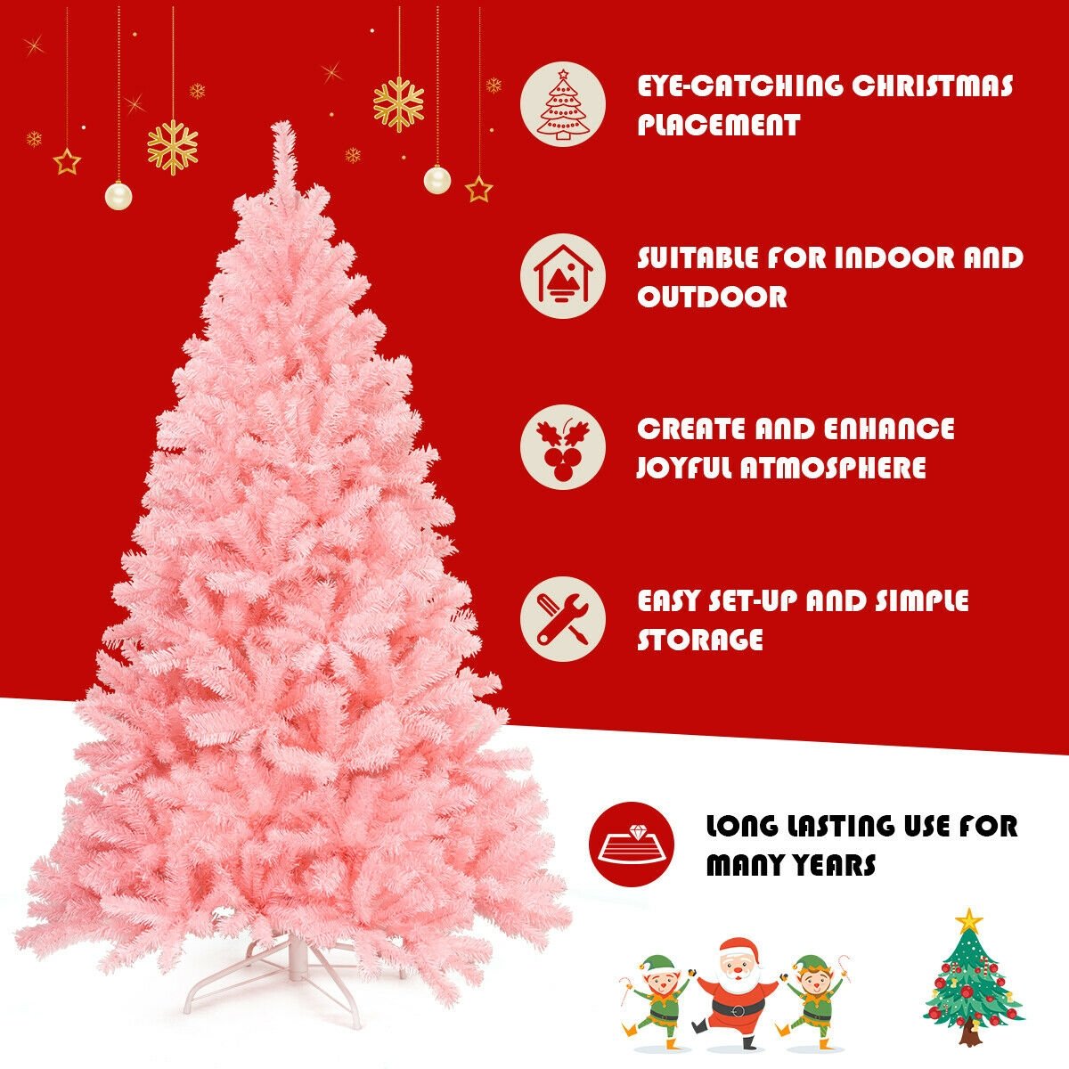 6 Feet Pink Artificial Hinged Spruce Full Christmas Tree with Foldable Metal Stand view 9