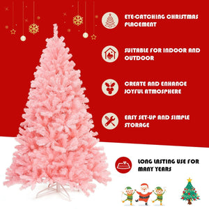 6 Feet Pink Artificial Hinged Spruce Full Christmas Tree with Foldable Metal Stand view 9