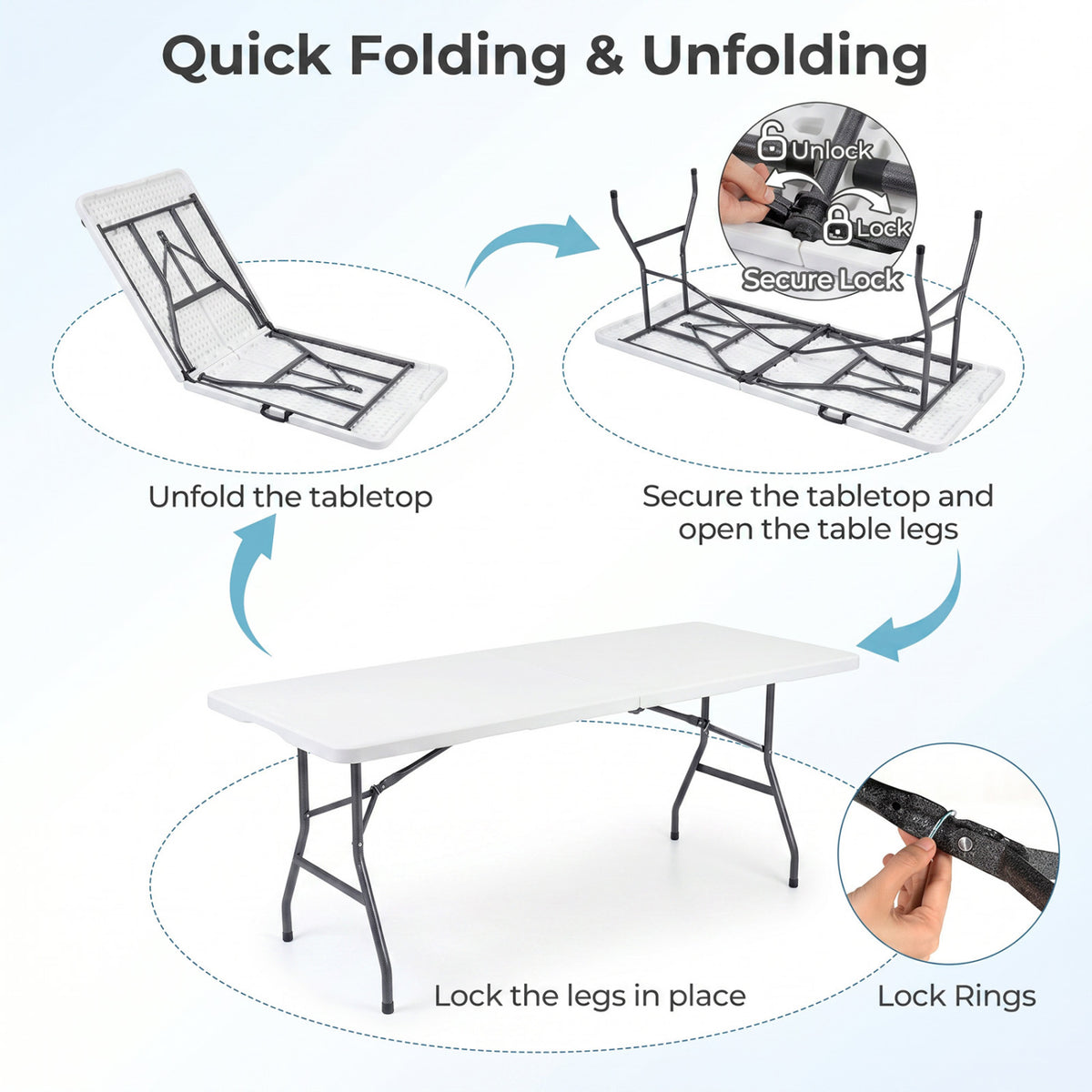 6 FT Plastic Fold-in-Half Camping Table-White view 7
