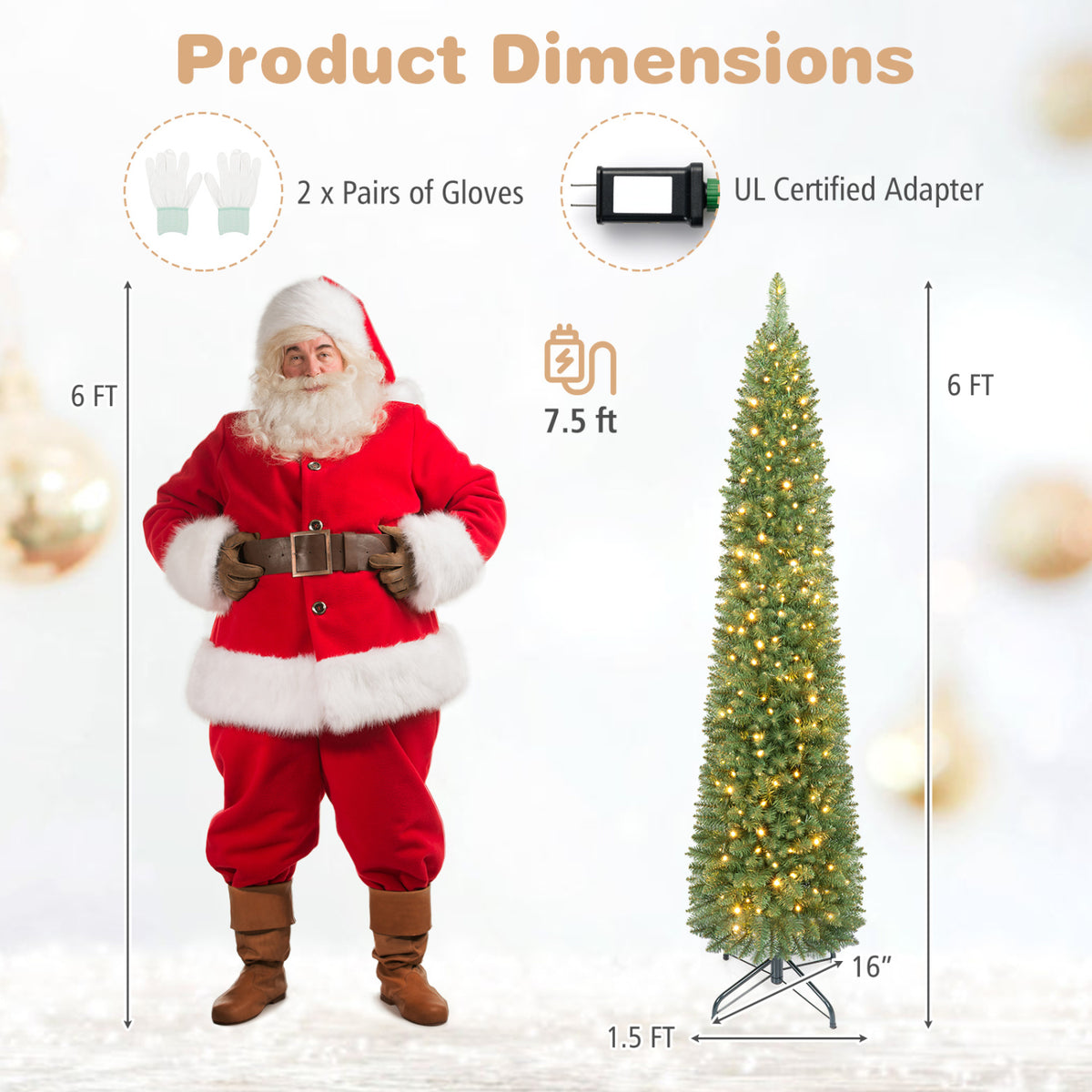 6 FT Pre-Lit Pencil Christmas Tree with 180 Warm White LED Lights view 4