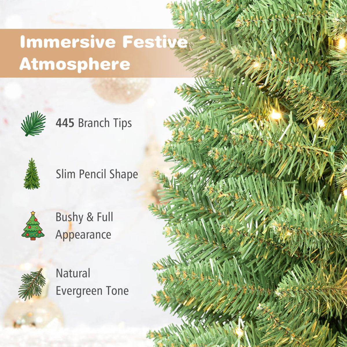6 FT Pre-Lit Pencil Christmas Tree with 180 Warm White LED Lights view 7