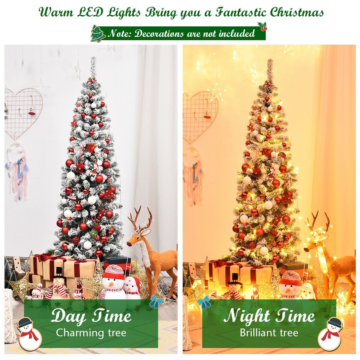 6 Feet Pre-lit Snow Flocked Artificial Pencil Christmas Tree with 250 LED Lights view 6