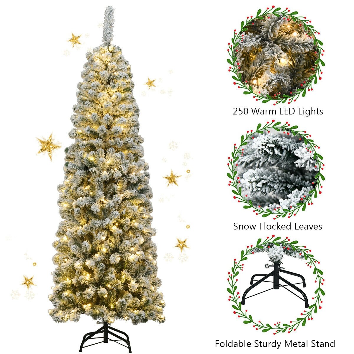 6 Feet Pre-lit Snow Flocked Artificial Pencil Christmas Tree with 250 LED Lights view 7