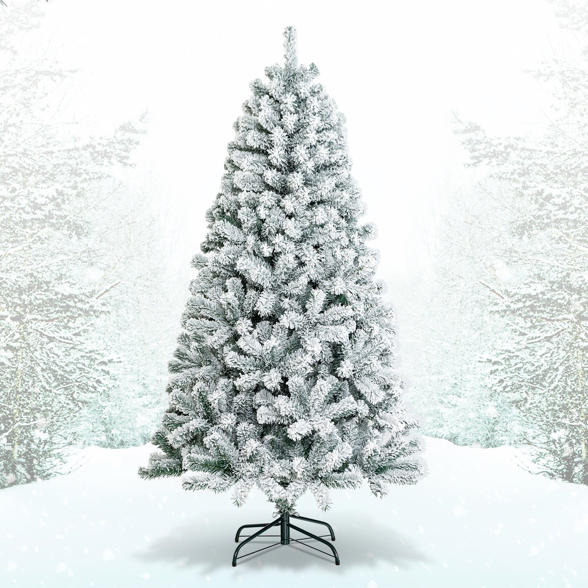 6 Feet Artificial Snow Decorated Flocked Hinged Christmas Tree with Metal Stand view 3