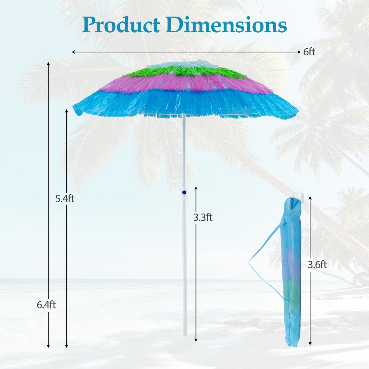 6 FT Tiki Thatched Patio Beach Umbrella with Push Button Tilt Carrying Bag-Colorful view 5