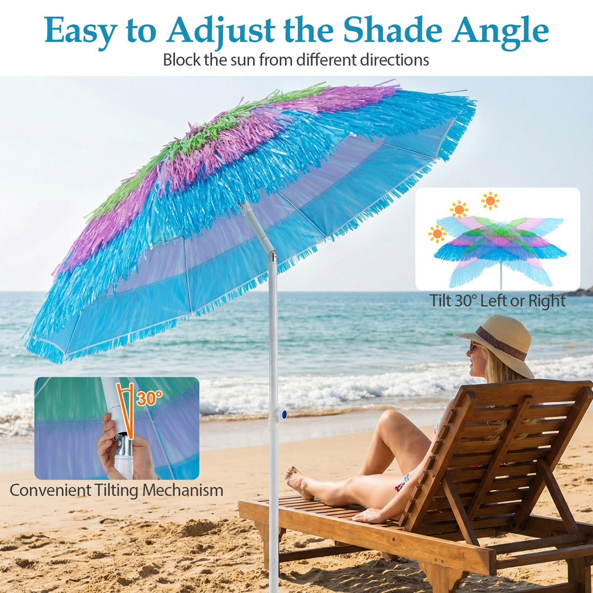 6 FT Tiki Thatched Patio Beach Umbrella with Push Button Tilt Carrying Bag-Colorful view 9