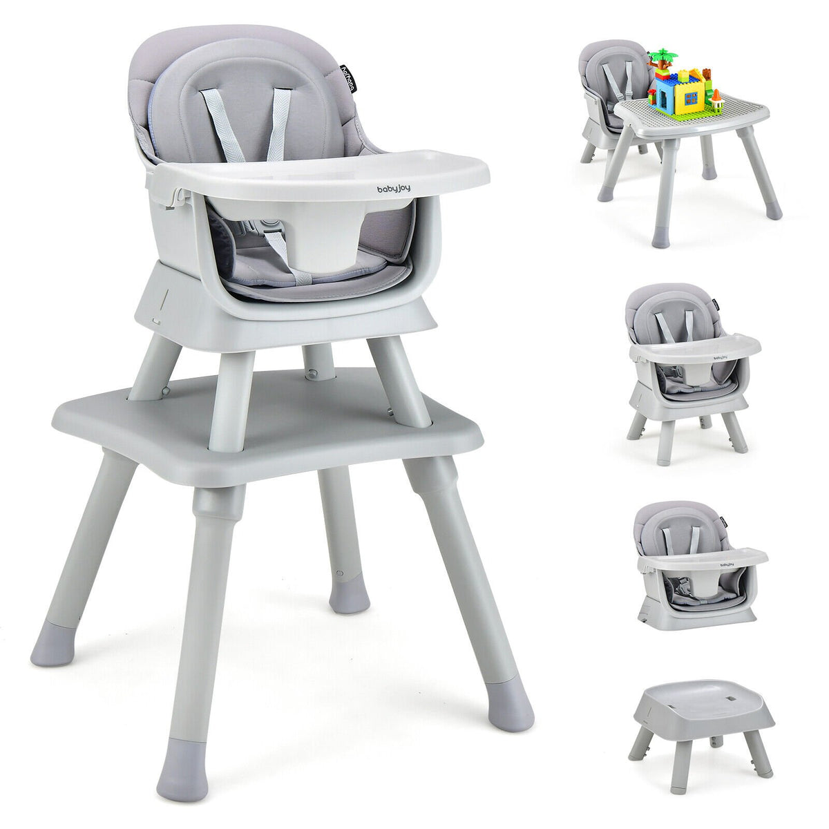 6-in-1 Convertible Baby High Chair with Adjustable Removable Tray-Gray view 3
