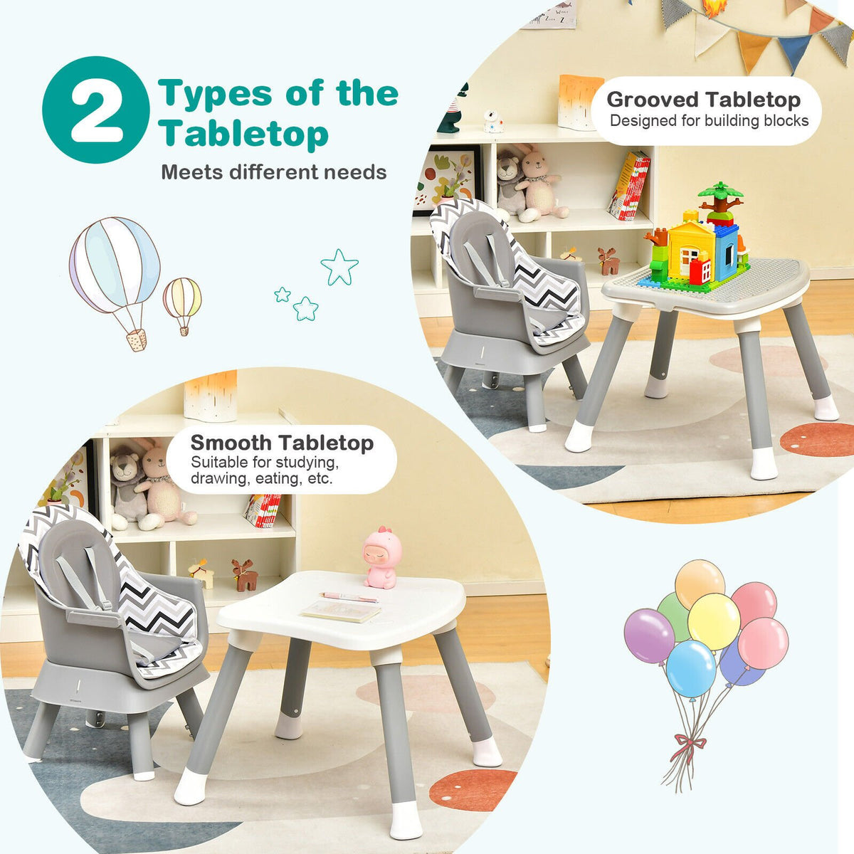 6-in-1 Convertible Baby High Chair with Adjustable Removable Tray-Gray & White view 3