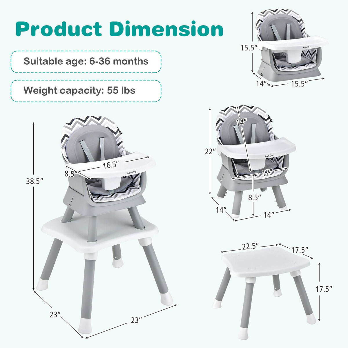 6-in-1 Convertible Baby High Chair with Adjustable Removable Tray-Gray & White view 4