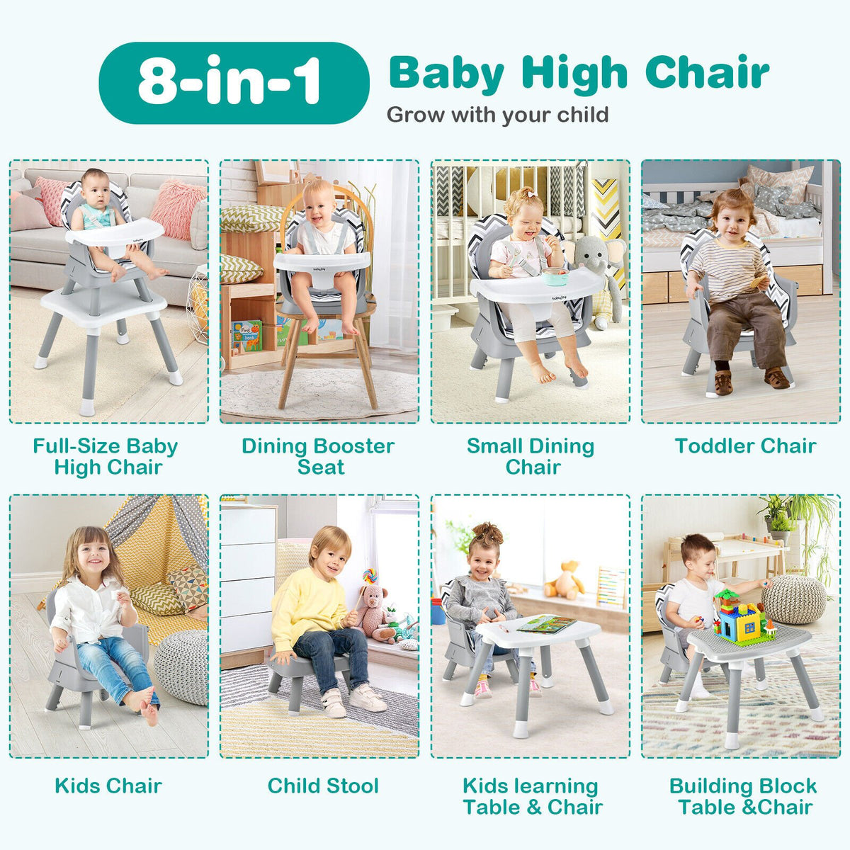 6-in-1 Convertible Baby High Chair with Adjustable Removable Tray-Gray & White view 5