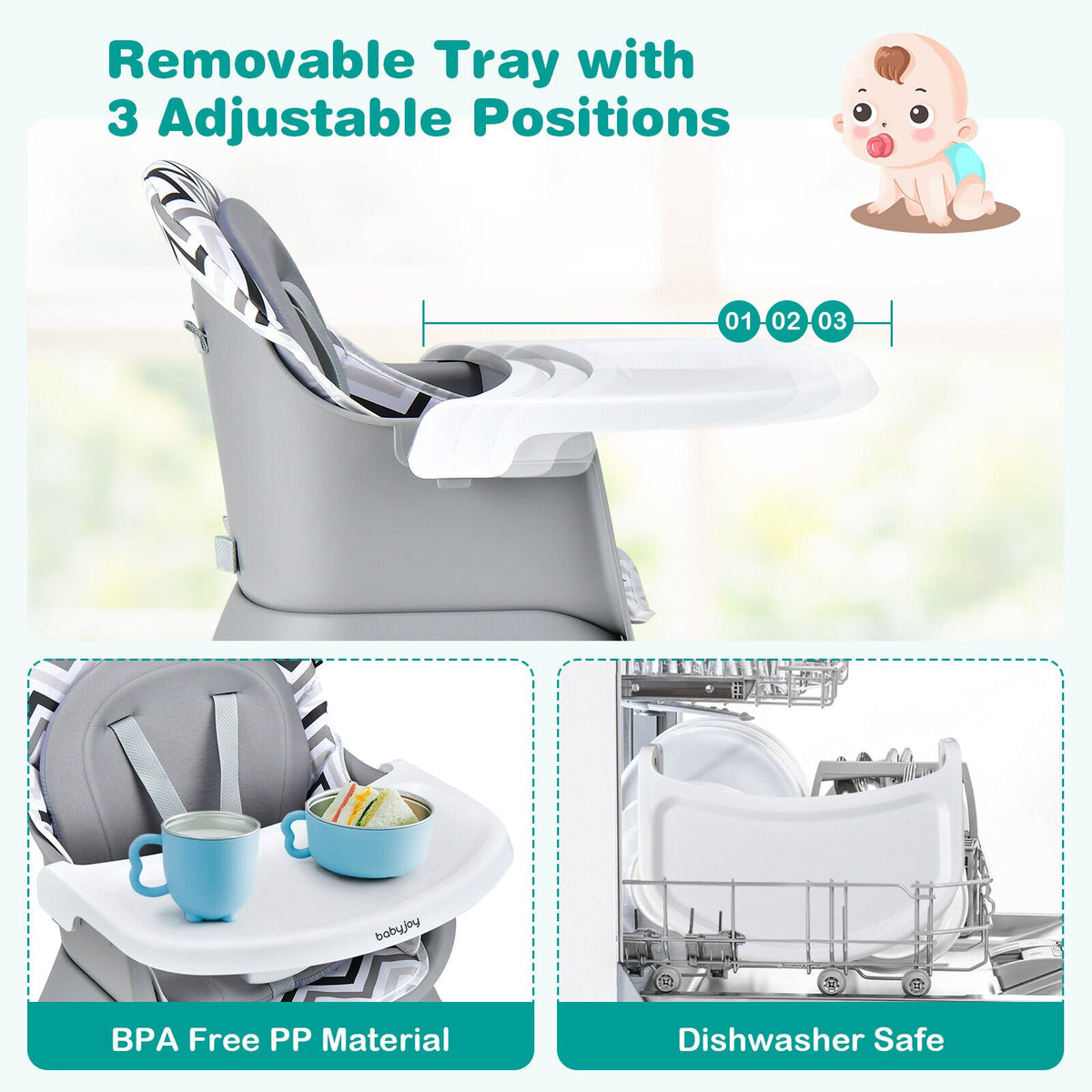 6-in-1 Convertible Baby High Chair with Adjustable Removable Tray-Gray & White view 7