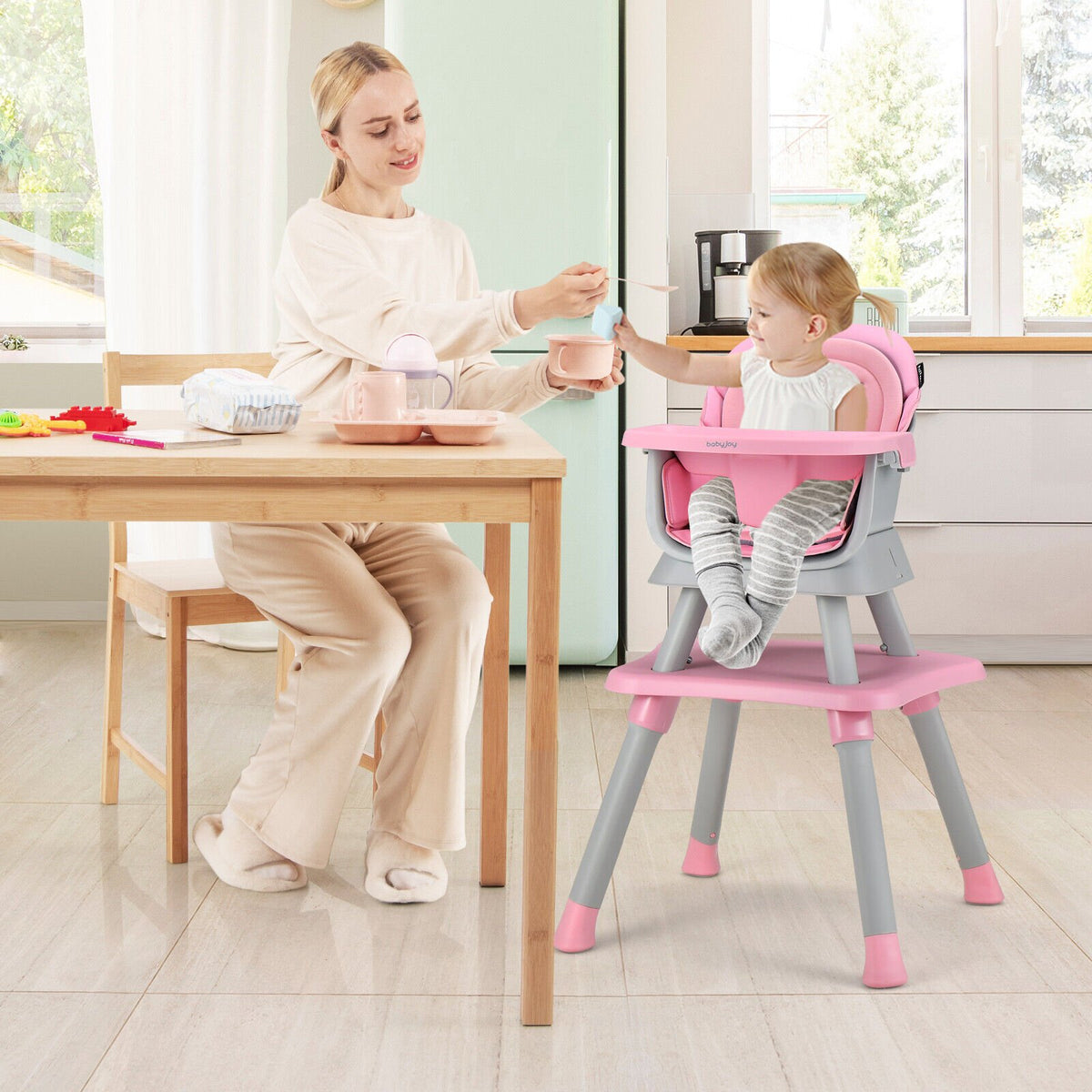 6-in-1 Convertible Baby High Chair with Adjustable Removable Tray-Pink view 2