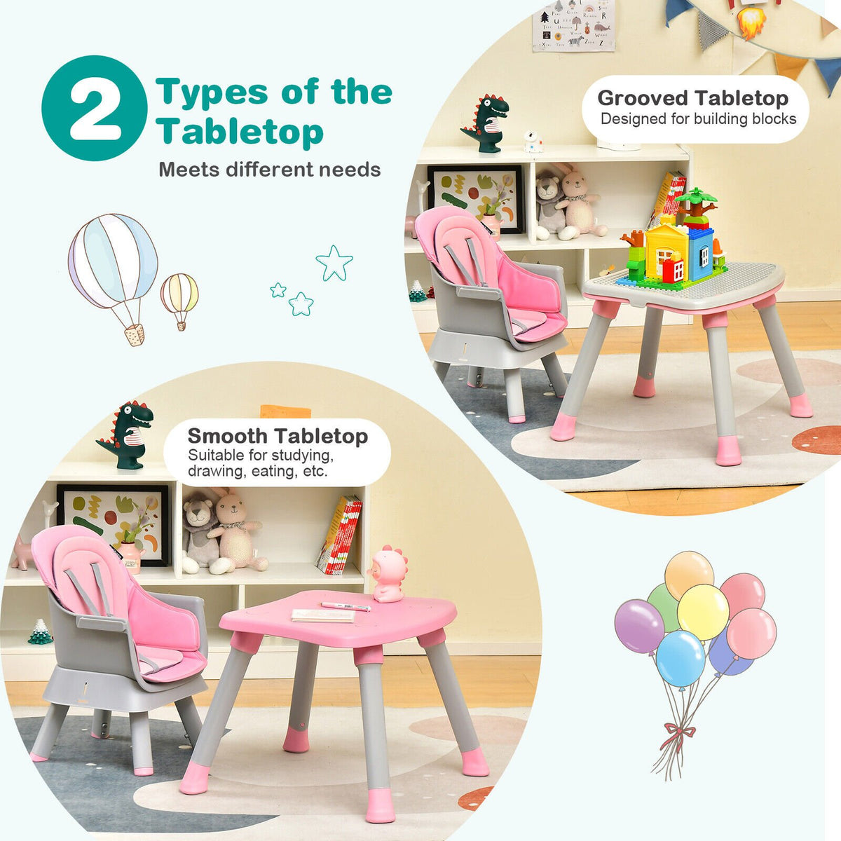 6-in-1 Convertible Baby High Chair with Adjustable Removable Tray-Pink view 4