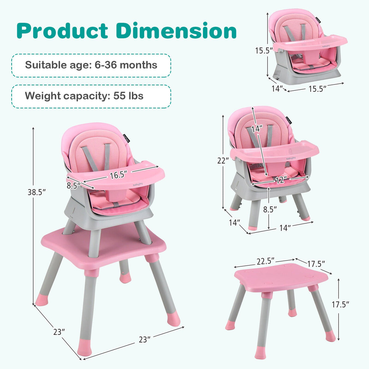 6-in-1 Convertible Baby High Chair with Adjustable Removable Tray-Pink view 5