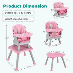 6-in-1 Convertible Baby High Chair with Adjustable Removable Tray-Pink view 5