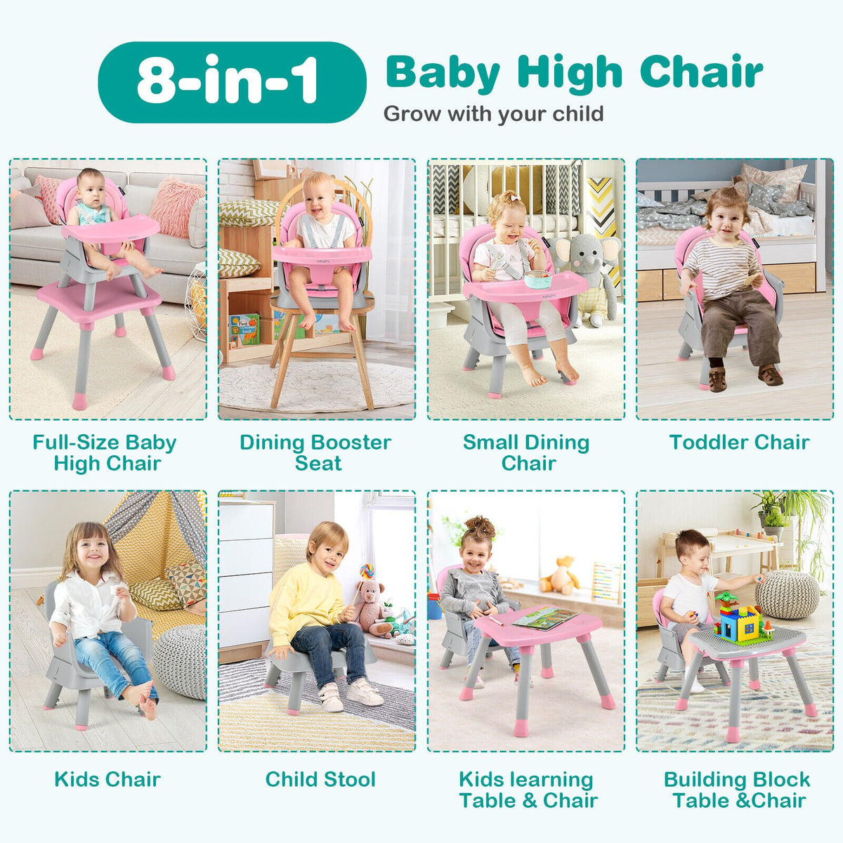 6-in-1 Convertible Baby High Chair with Adjustable Removable Tray-Pink view 6