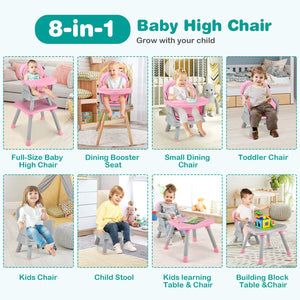 6-in-1 Convertible Baby High Chair with Adjustable Removable Tray-Pink view 6