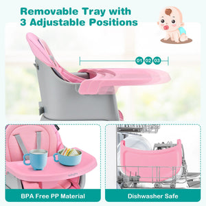 6-in-1 Convertible Baby High Chair with Adjustable Removable Tray-Pink view 8