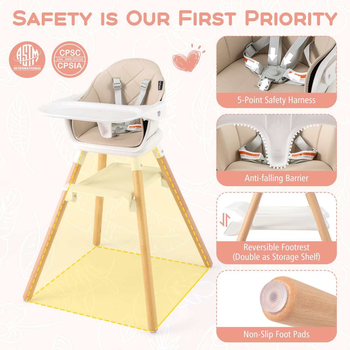 6 in 1 Convertible Highchair with Safety Harness and Removable Tray-Beige view 5
