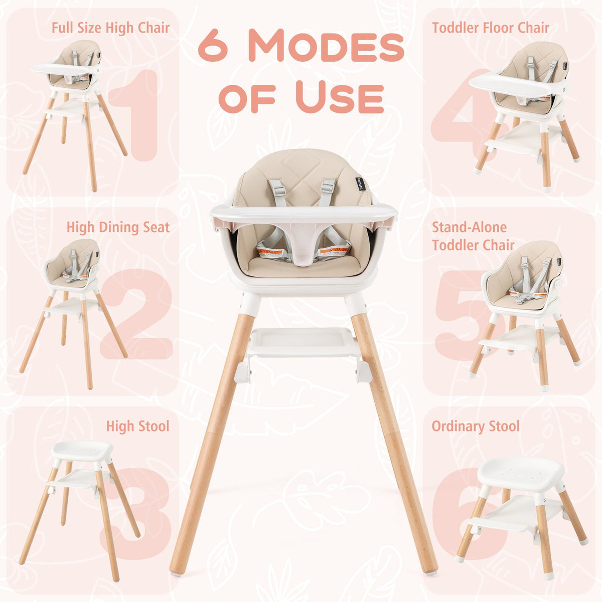 6 in 1 Convertible Highchair with Safety Harness and Removable Tray-Beige view 6