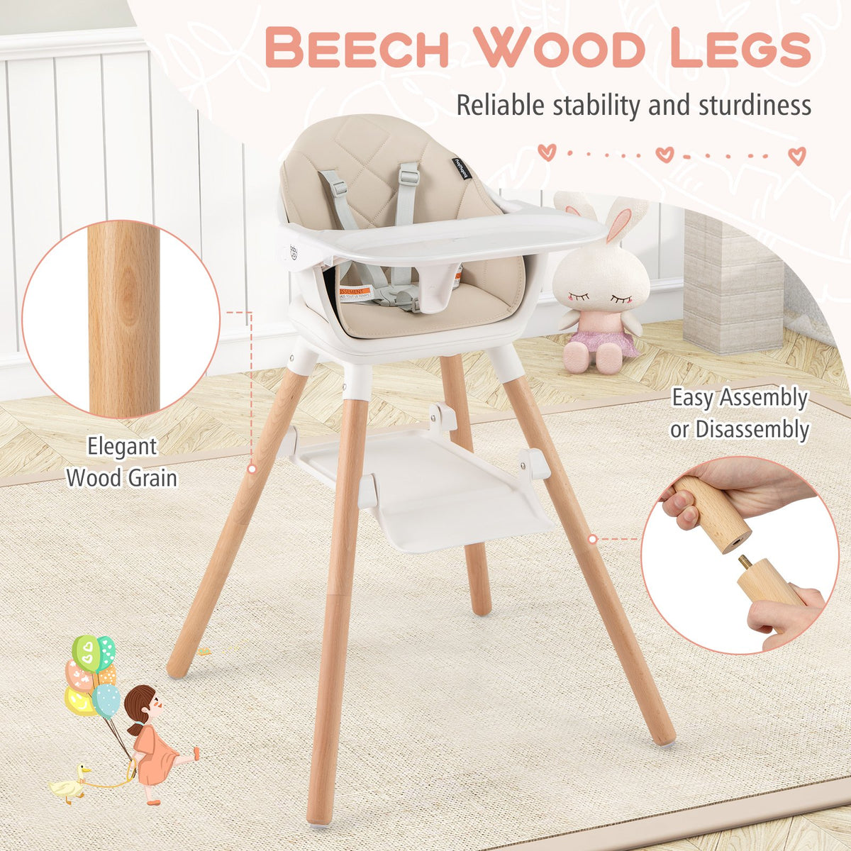 6 in 1 Convertible Highchair with Safety Harness and Removable Tray-Beige view 8