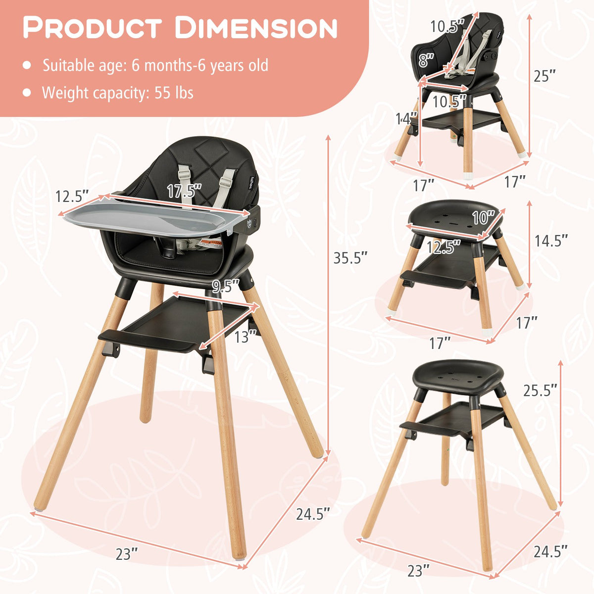 6 in 1 Convertible Highchair with Safety Harness and Removable Tray-Black view 4