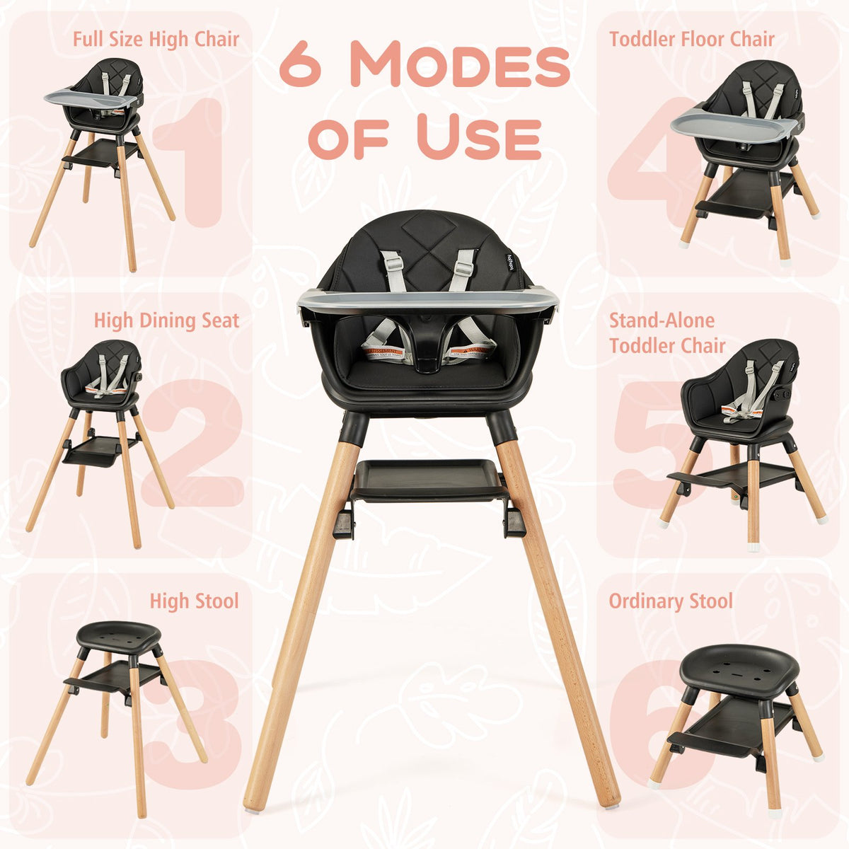 6 in 1 Convertible Highchair with Safety Harness and Removable Tray-Black view 7