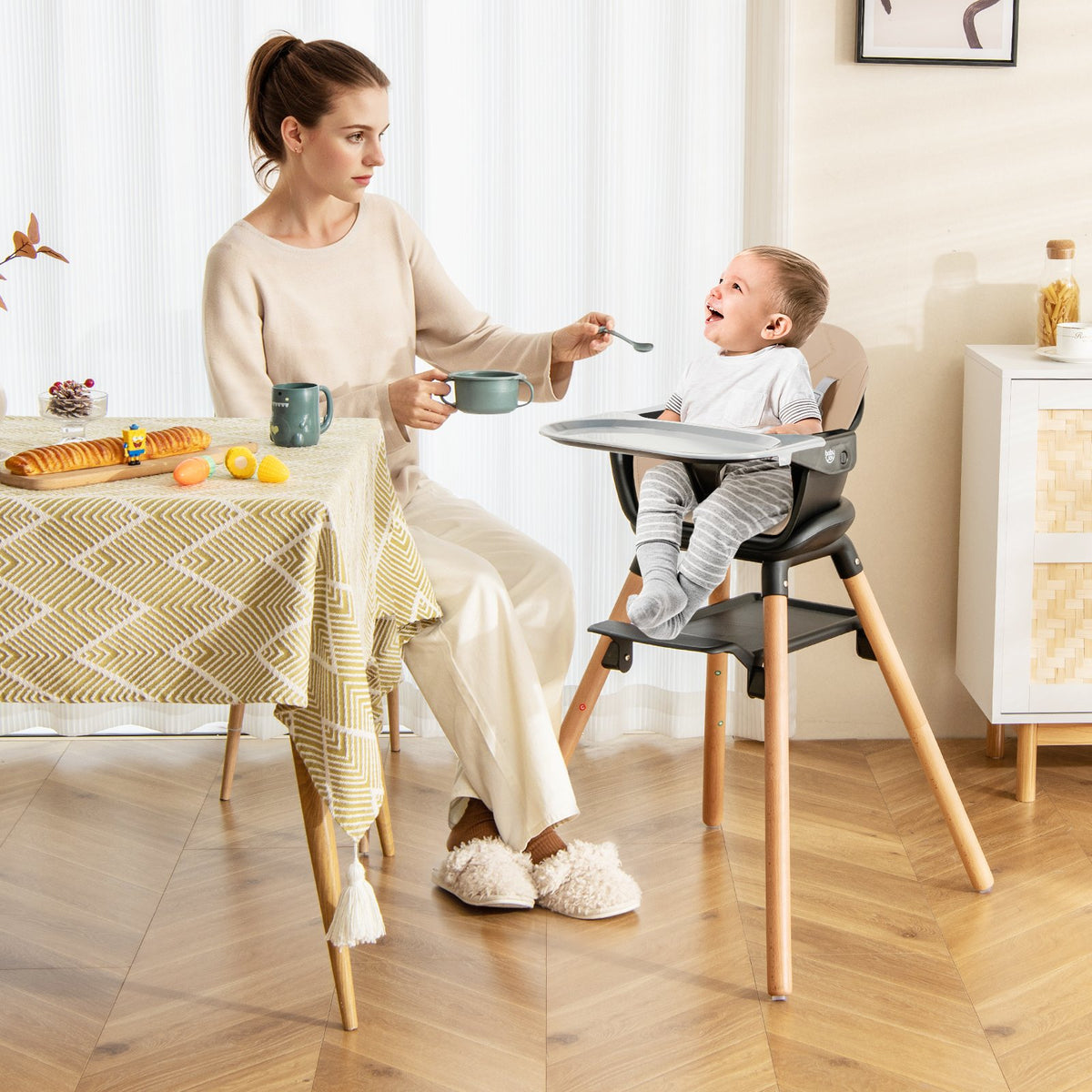6 in 1 Convertible Highchair with Safety Harness and Removable Tray-Coffee view 2