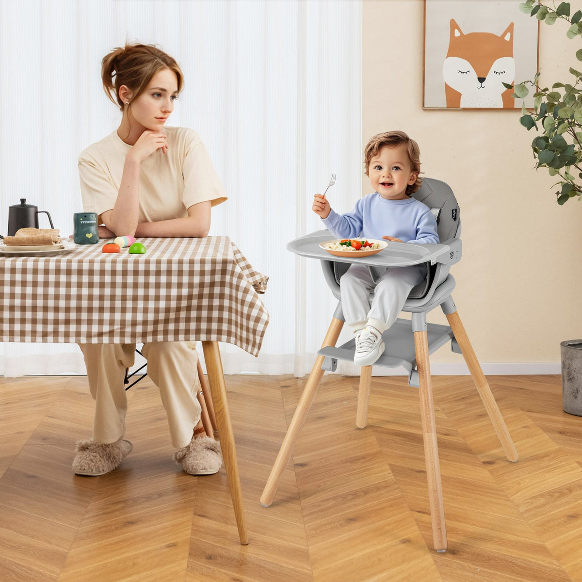 6 in 1 Convertible Highchair with Safety Harness and Removable Tray-Gray view 2