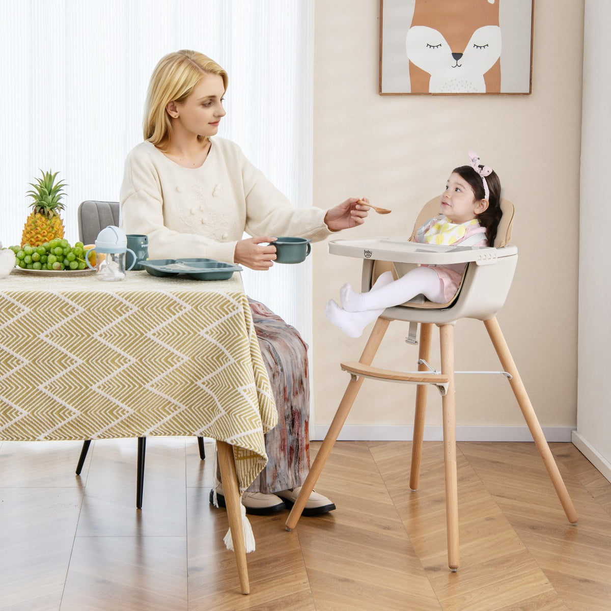6-in-1 Convertible Wooden Highchair with Safety Harness and Adjustable Legs-Light Brown view 2