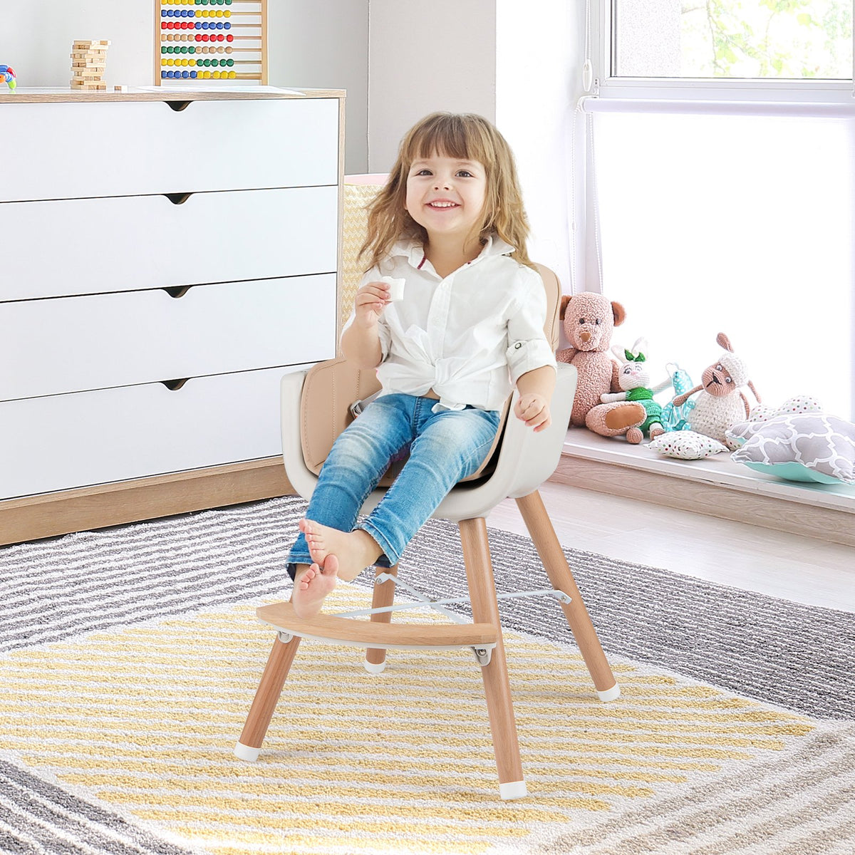 6-in-1 Convertible Wooden Highchair with Safety Harness and Adjustable Legs-Light Brown view 3