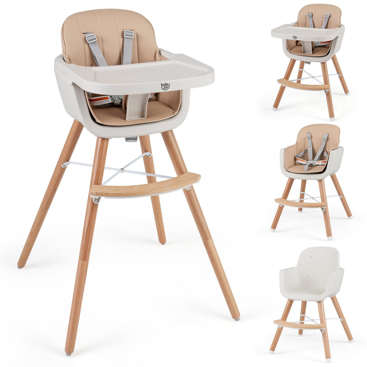 6-in-1 Convertible Wooden Highchair with Safety Harness and Adjustable Legs-Light Brown view 4