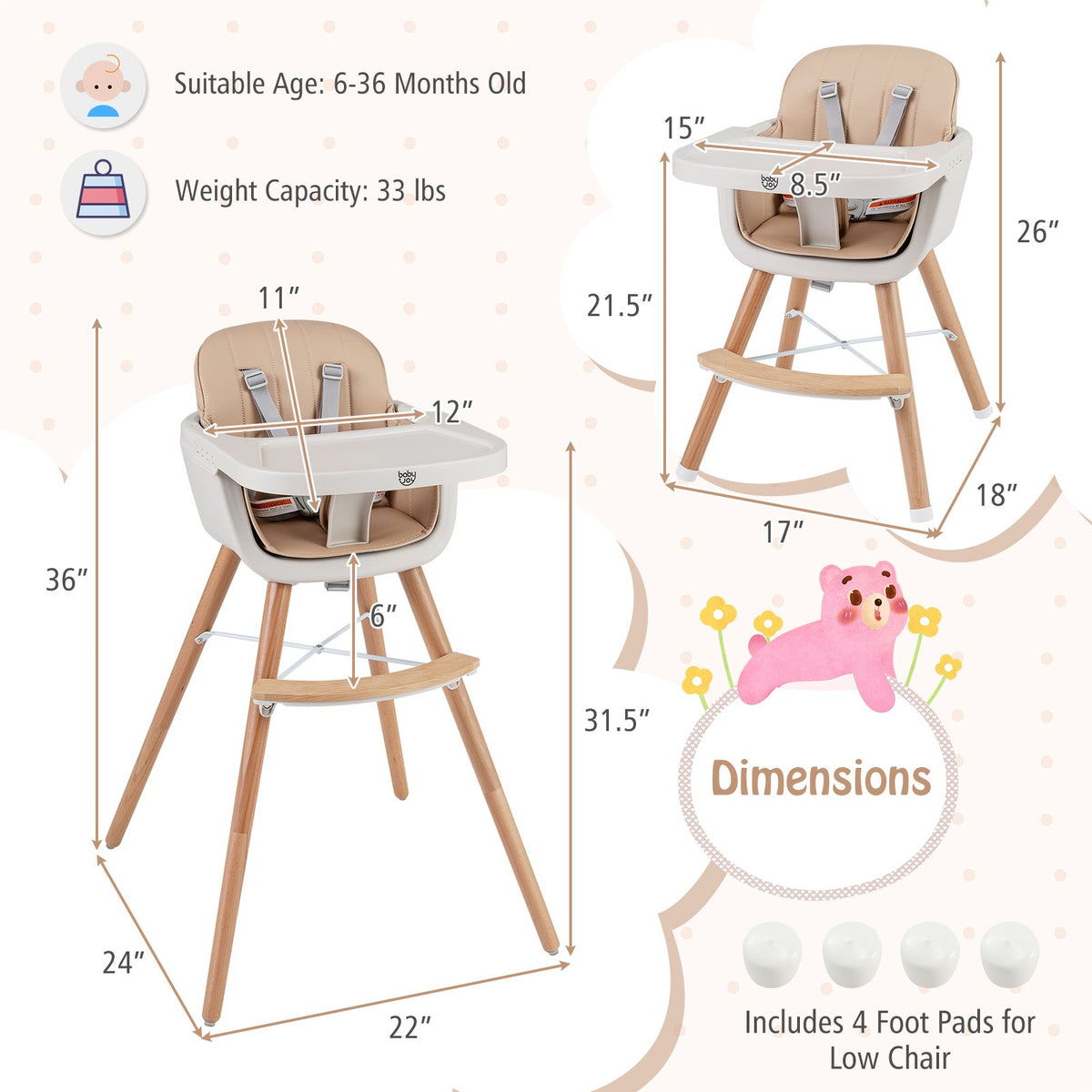 6-in-1 Convertible Wooden Highchair with Safety Harness and Adjustable Legs-Light Brown view 5