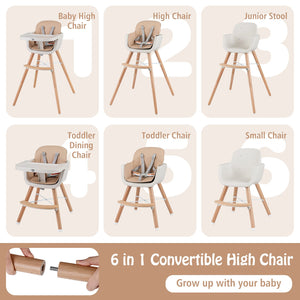 6-in-1 Convertible Wooden Highchair with Safety Harness and Adjustable Legs-Light Brown view 6