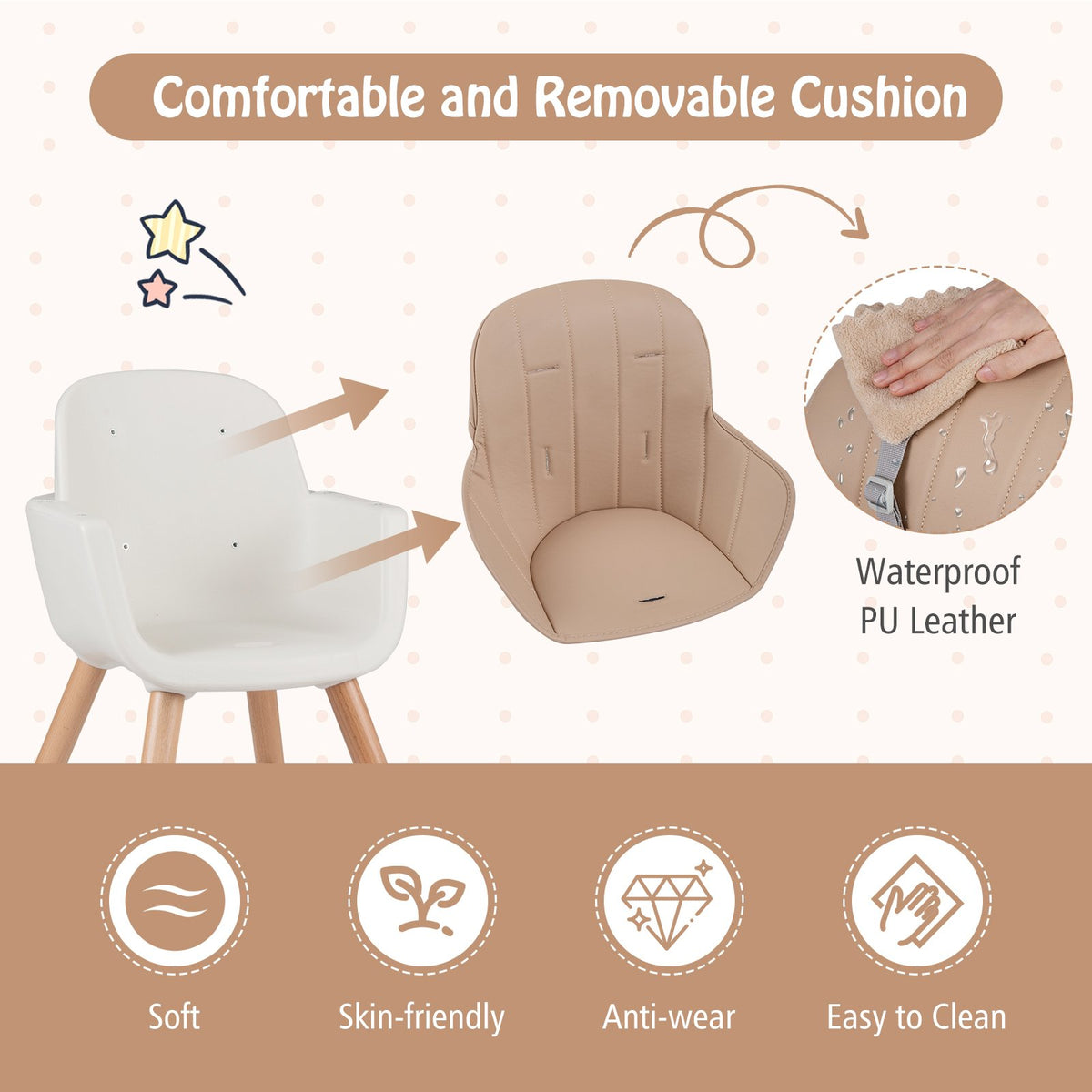 6-in-1 Convertible Wooden Highchair with Safety Harness and Adjustable Legs-Light Brown view 7