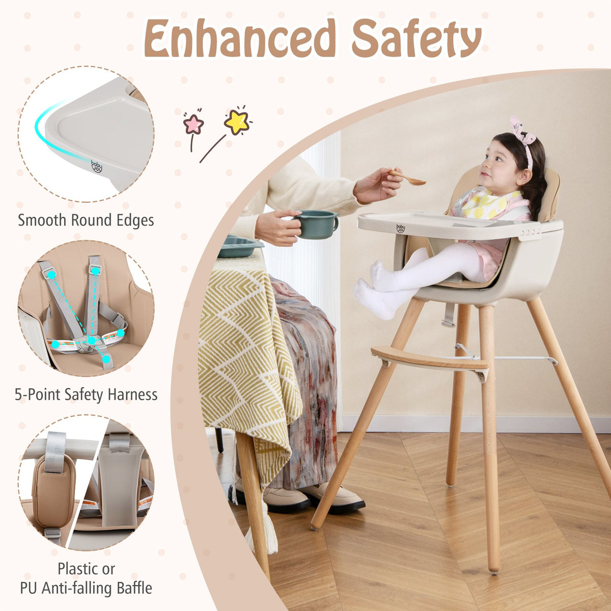 6-in-1 Convertible Wooden Highchair with Safety Harness and Adjustable Legs-Light Brown view 8