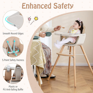 6-in-1 Convertible Wooden Highchair with Safety Harness and Adjustable Legs-Light Brown view 8