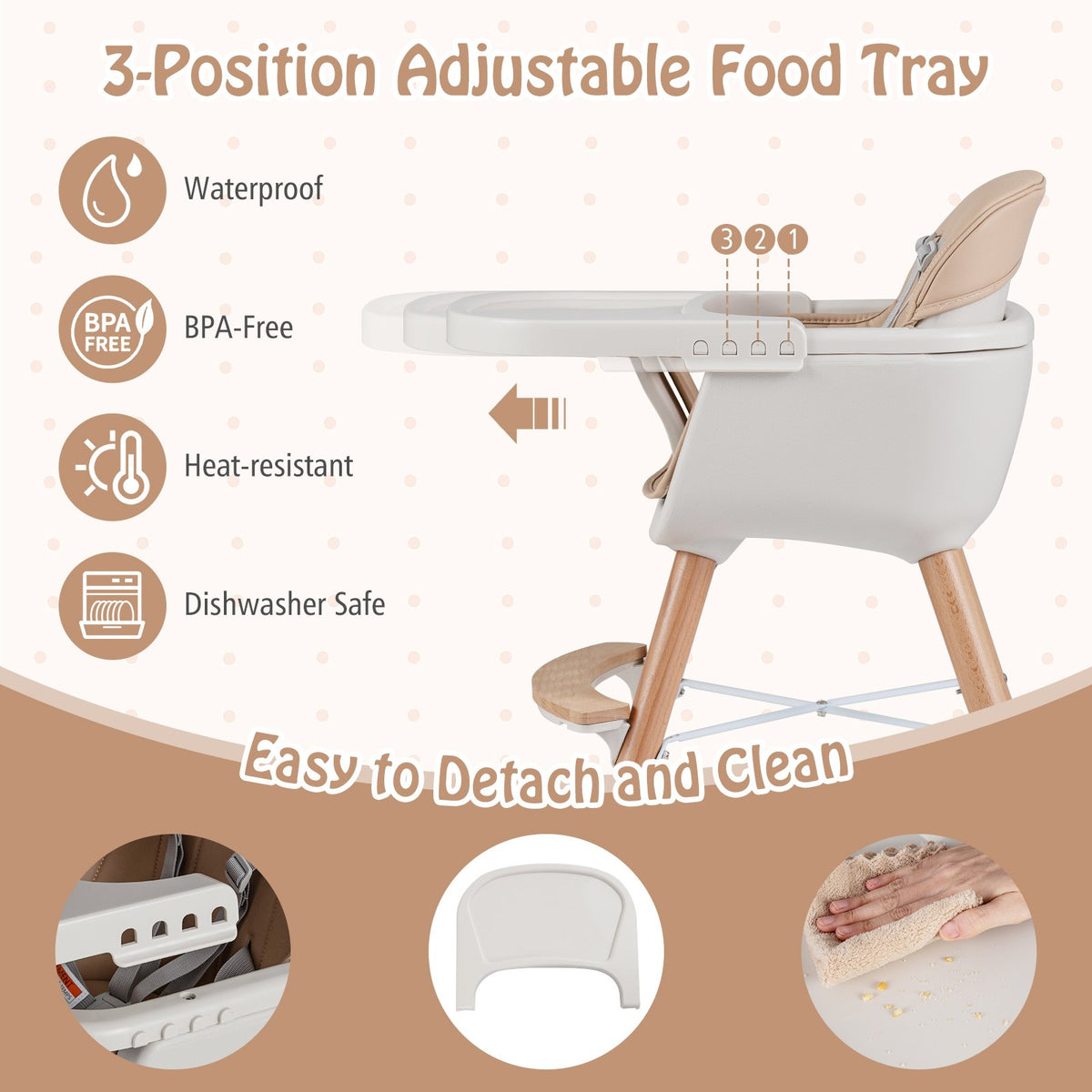 6-in-1 Convertible Wooden Highchair with Safety Harness and Adjustable Legs-Light Brown view 9