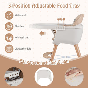6-in-1 Convertible Wooden Highchair with Safety Harness and Adjustable Legs-Light Brown view 9