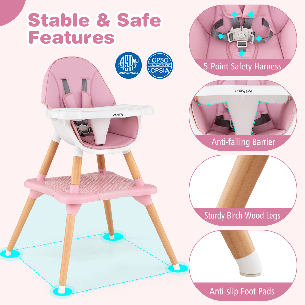 6 in 1 High Chair for Babies and Toddlers Ages 6-36 Months-Pink view 4