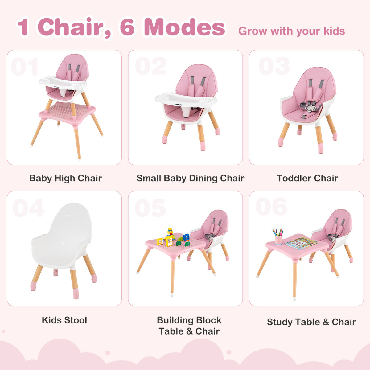 6 in 1 High Chair for Babies and Toddlers Ages 6-36 Months-Pink view 5