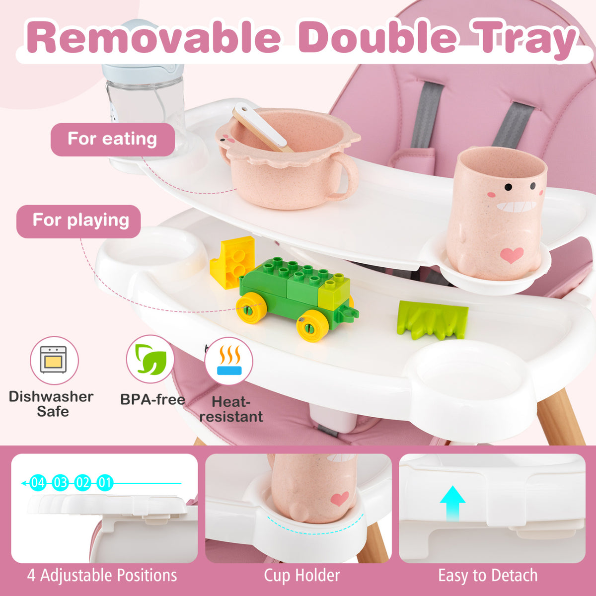 6 in 1 High Chair for Babies and Toddlers Ages 6-36 Months-Pink view 6