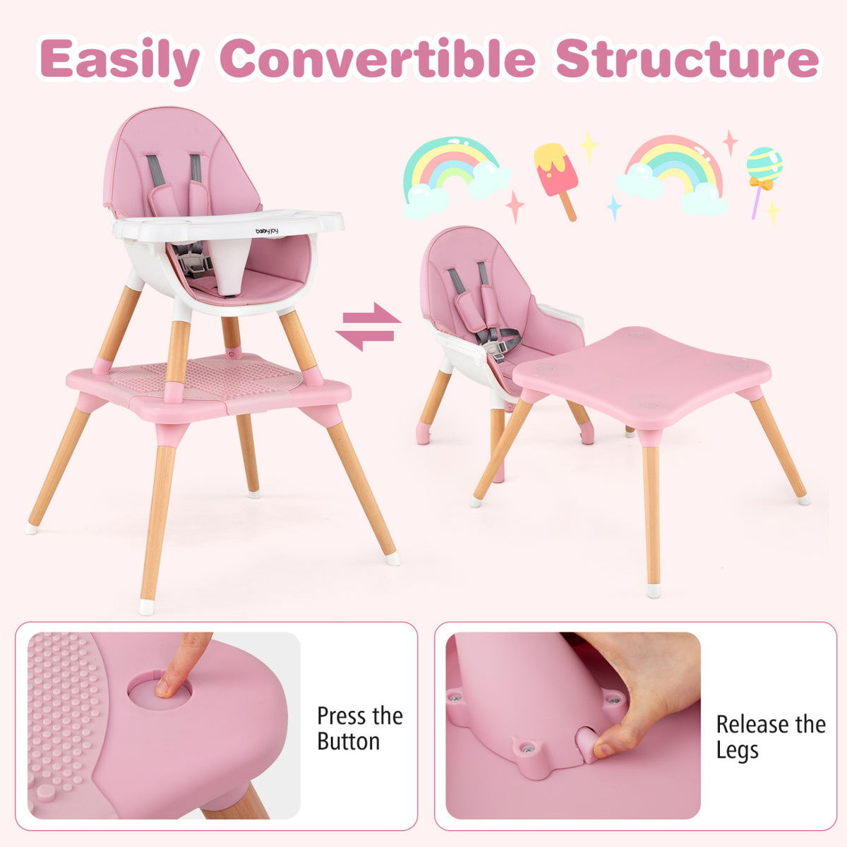 6 in 1 High Chair for Babies and Toddlers Ages 6-36 Months-Pink view 9