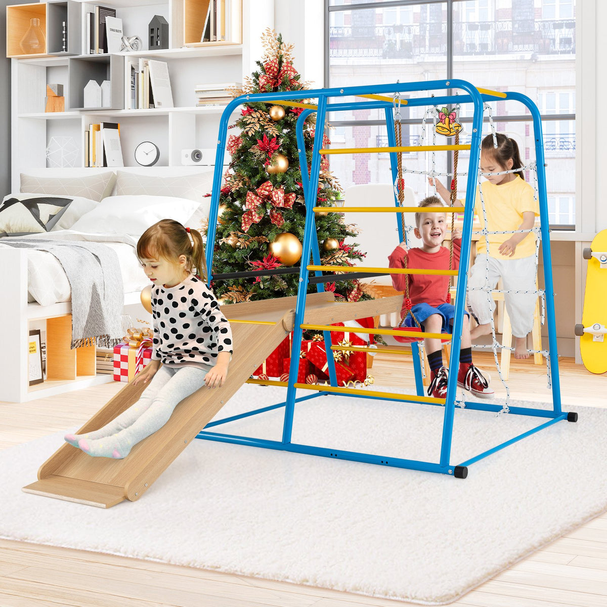6-in-1 Indoor Jungle Gym with Slide for Boys and Girls 3+ Years Old-Blue view 2