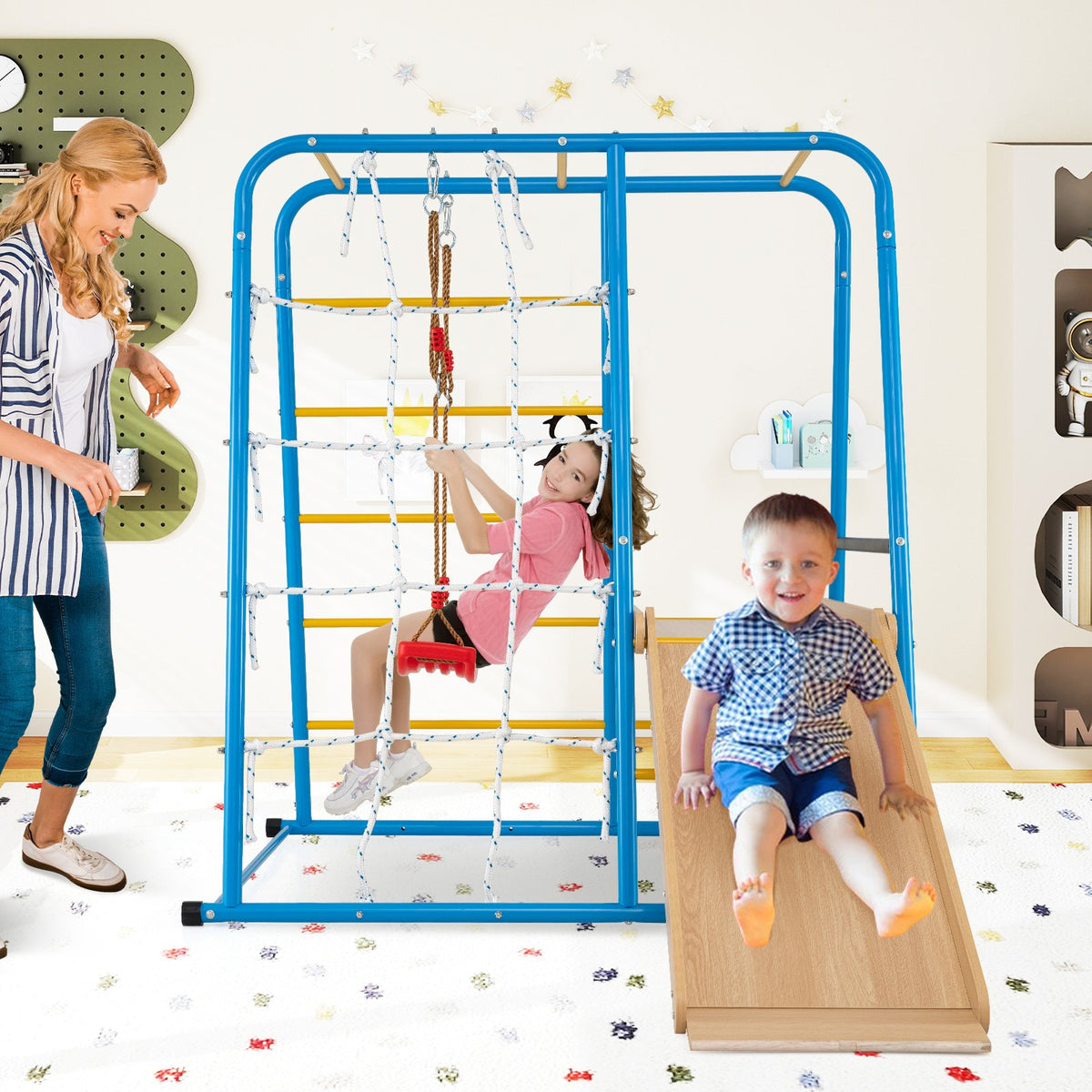 6-in-1 Indoor Jungle Gym with Slide for Boys and Girls 3+ Years Old-Blue view 3