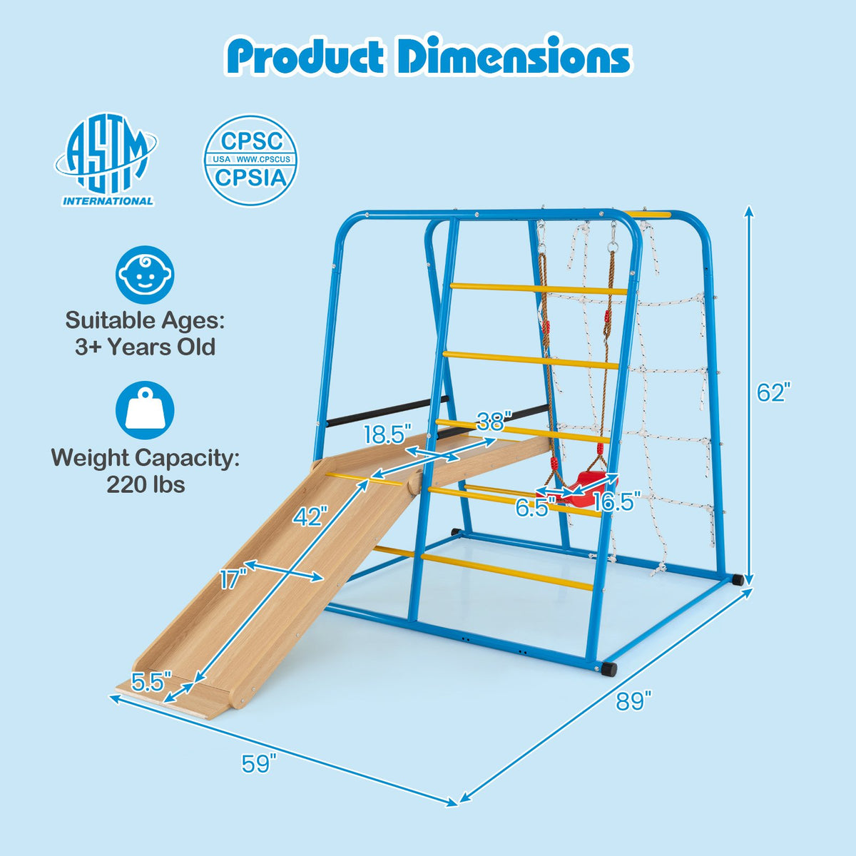 6-in-1 Indoor Jungle Gym with Slide for Boys and Girls 3+ Years Old-Blue view 4