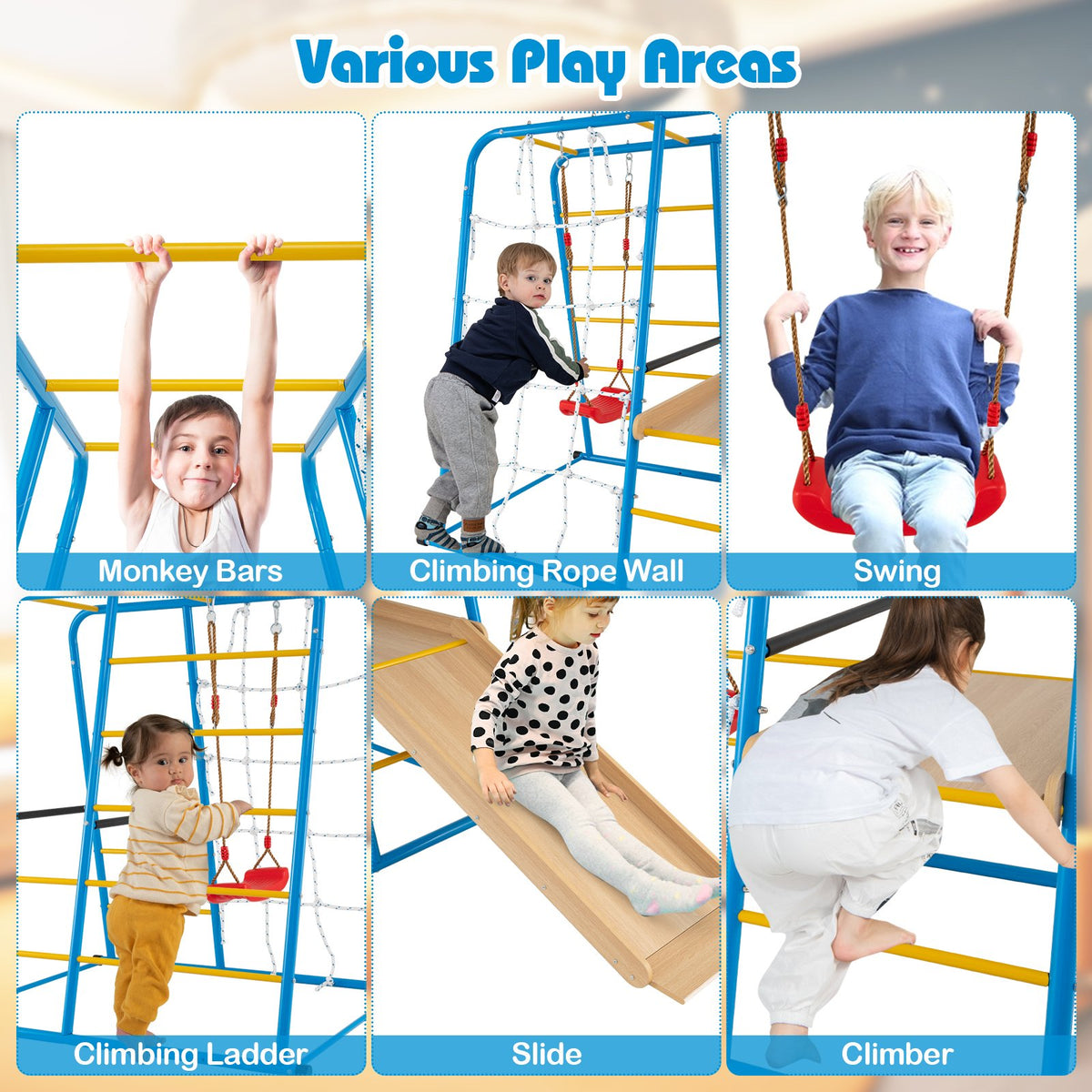 6-in-1 Indoor Jungle Gym with Slide for Boys and Girls 3+ Years Old-Blue view 5