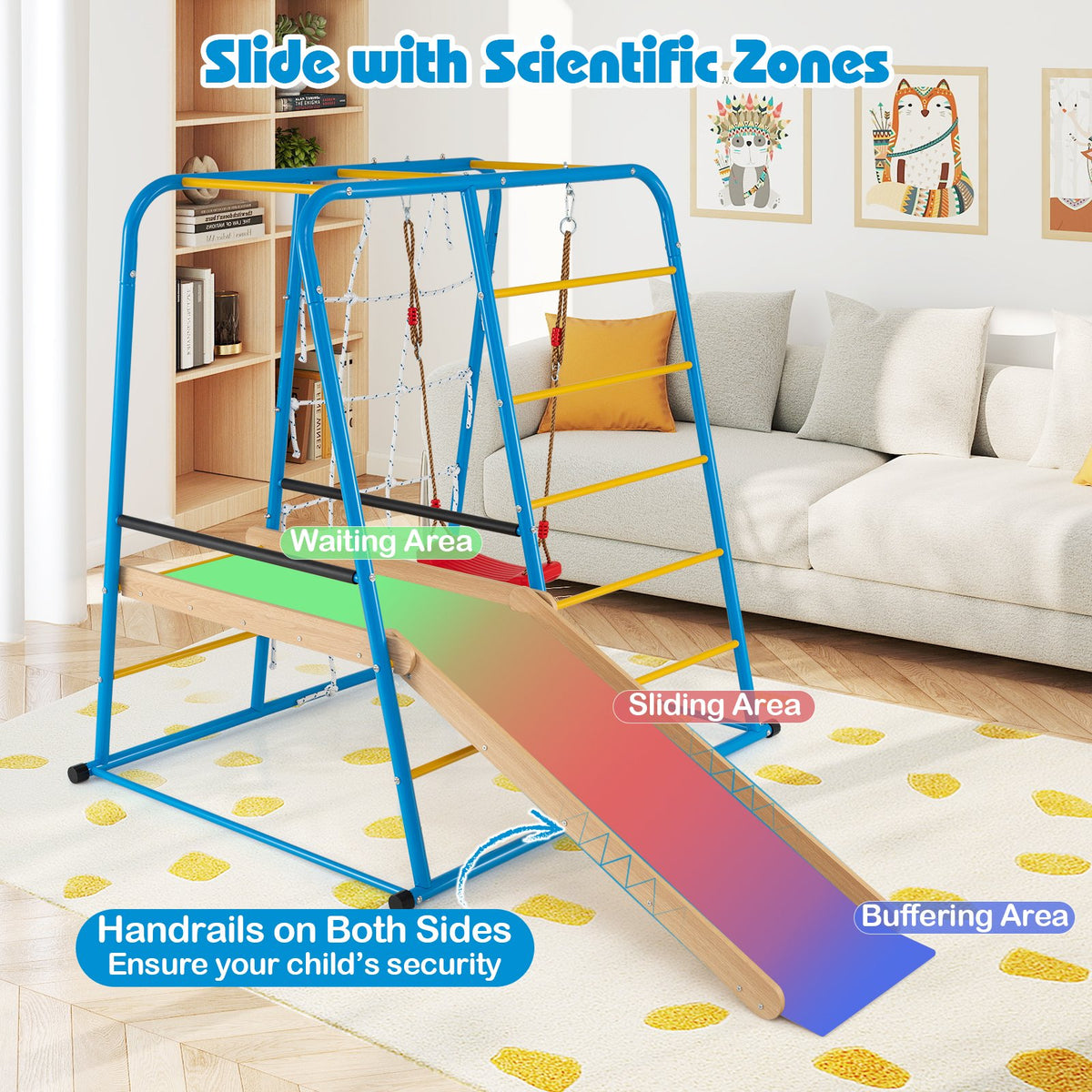 6-in-1 Indoor Jungle Gym with Slide for Boys and Girls 3+ Years Old-Blue view 6